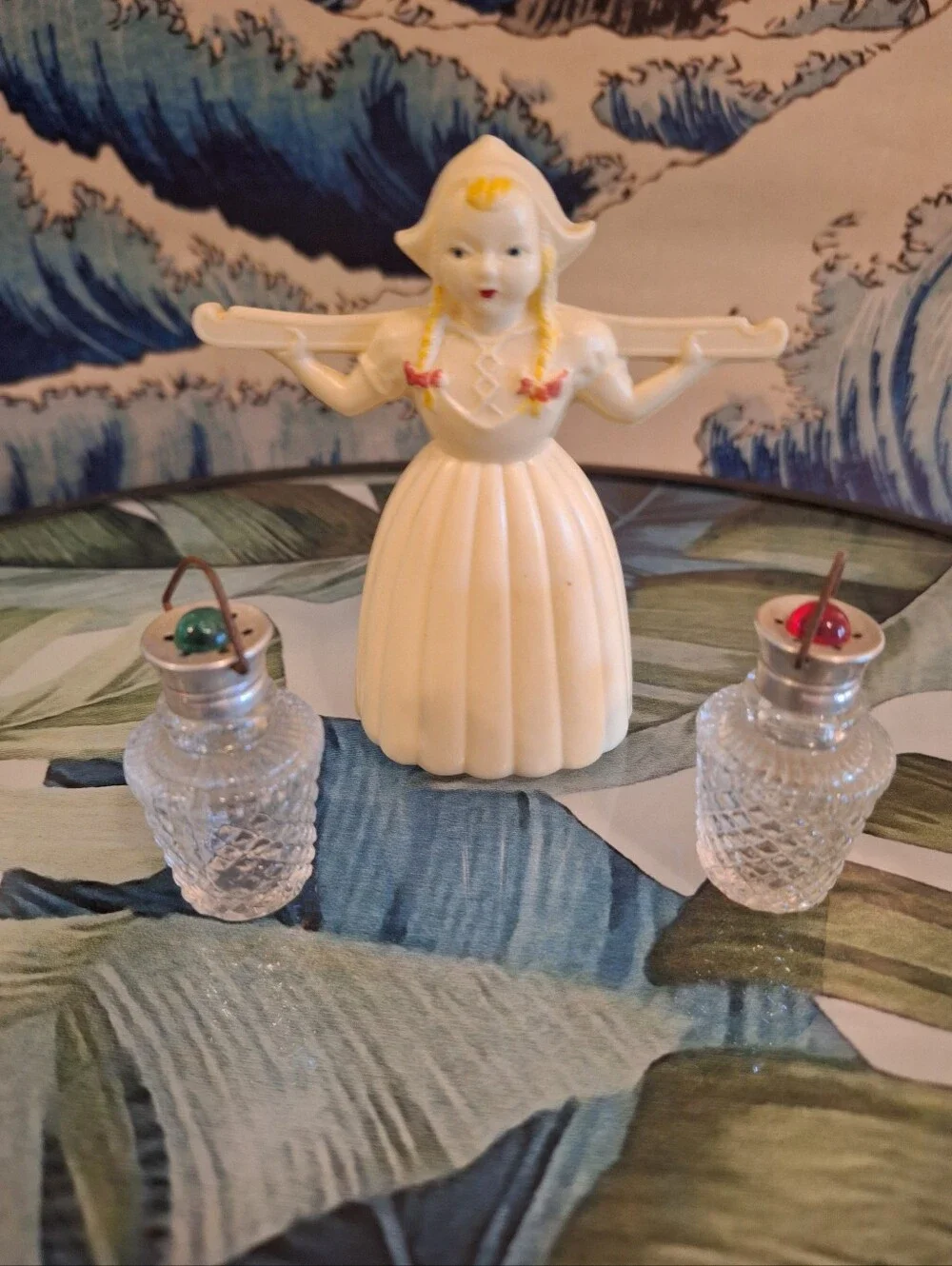 Vintage Dutch Girl Salt & Pepper Set - White Plastic with Glass Shakers